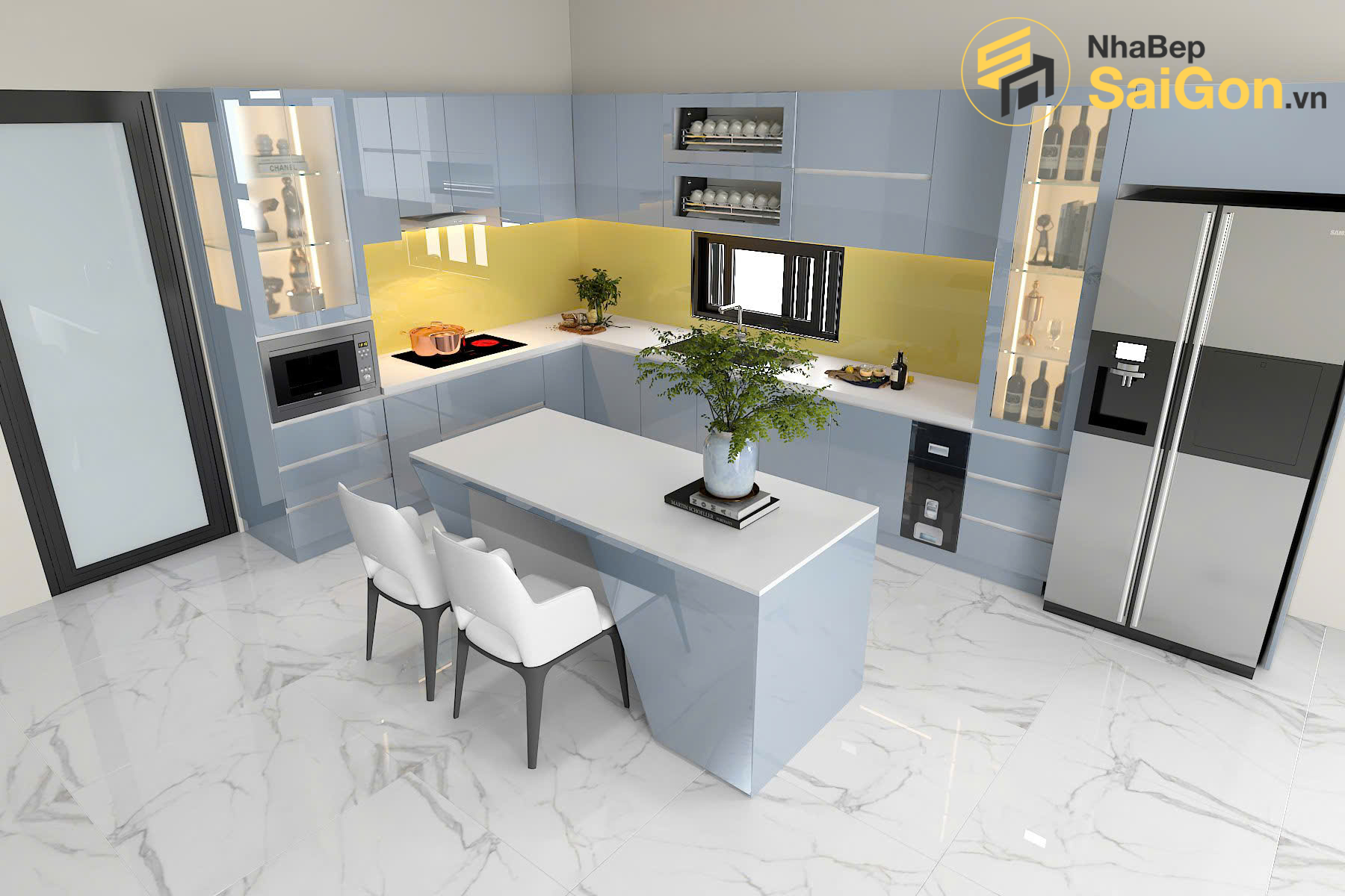 Tủ bếp chữ L kết hợp bàn đảo