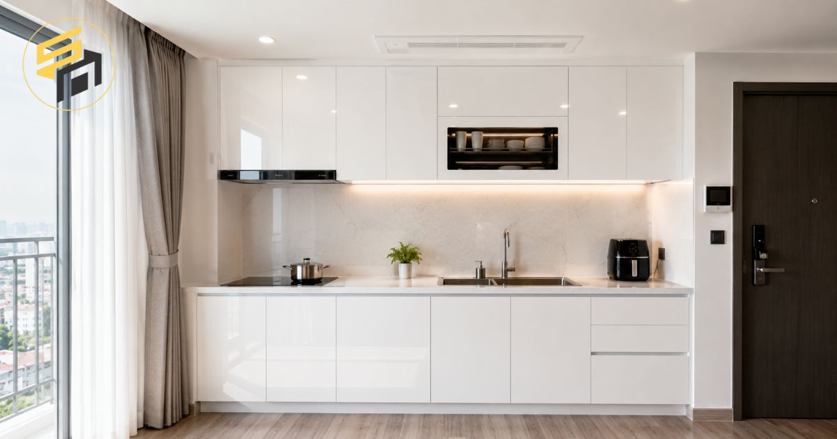 Dịch vụ thi công tủ bếp chữ I cho căn chung cư nhỏ gọn, đẹp mắt