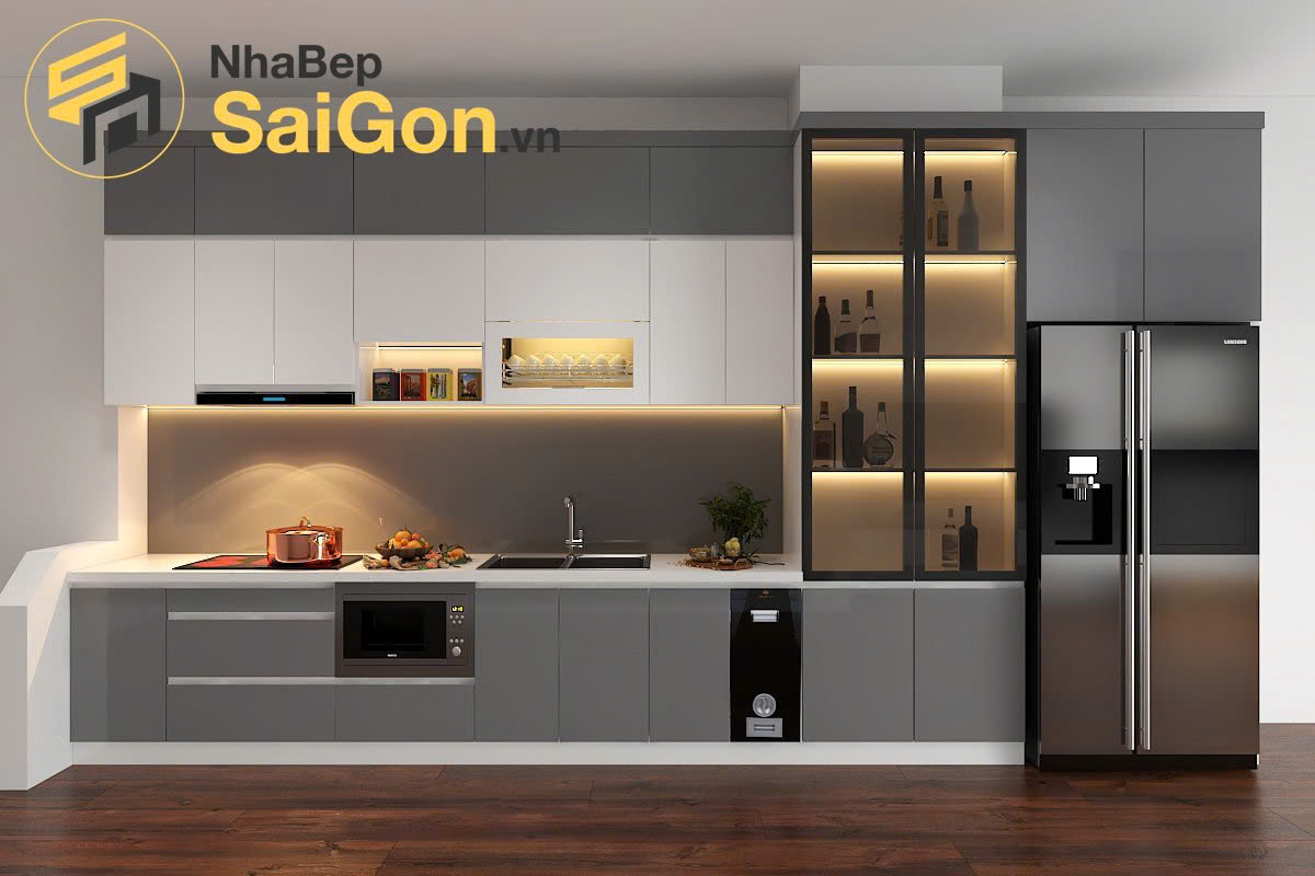 Tủ bếp chữ I nhôm kính
