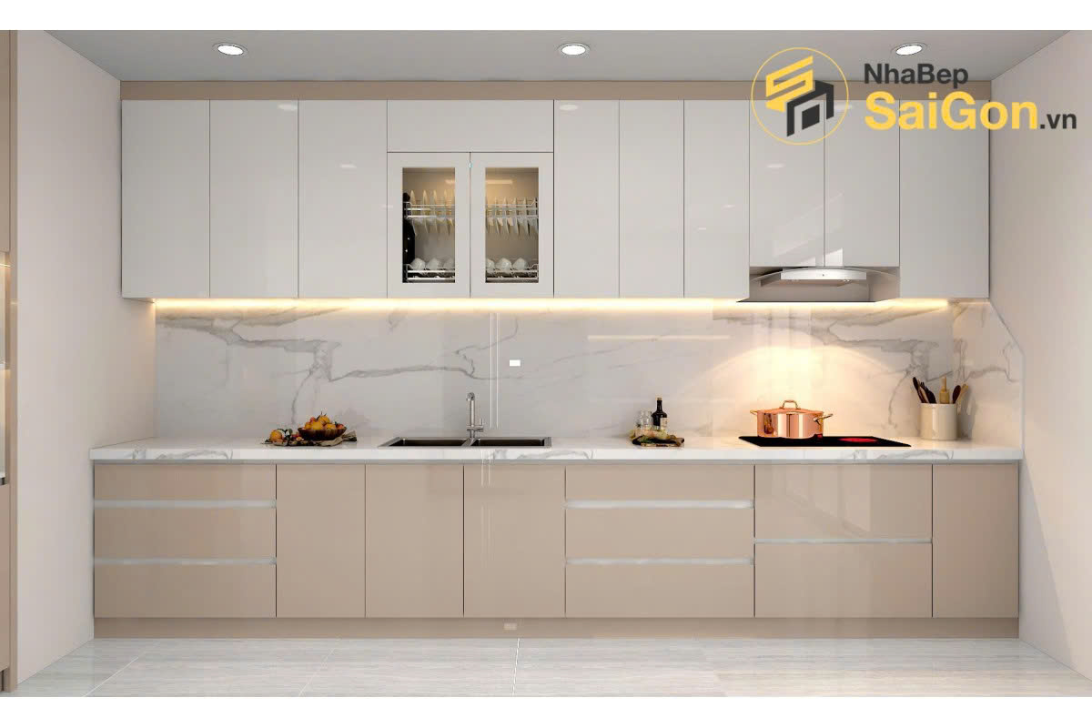 Tủ bếp chữ I Japandi gỗ sáng màu