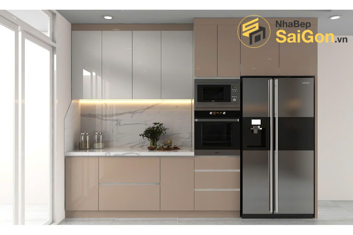 Tủ bếp chữ I beige nhạt luxury 