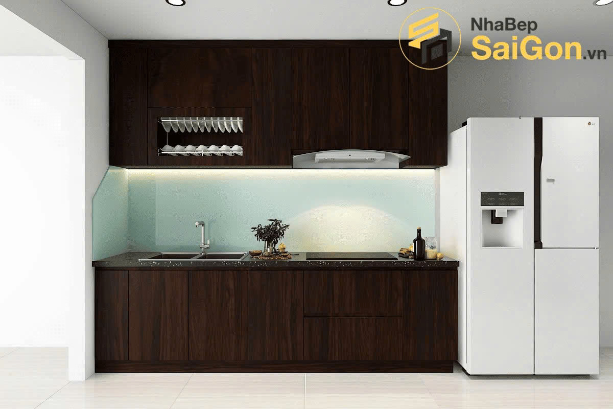 Tủ bếp chữ I gỗ óc chó vân đậm cao cấp