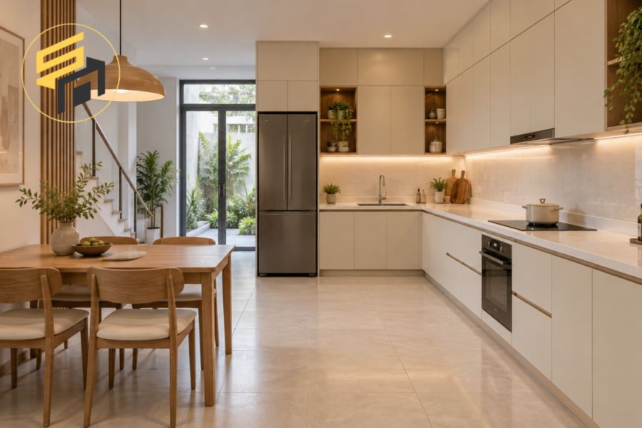 Tủ bếp chữ L có bàn ăn cho nhà phố ngang 4m