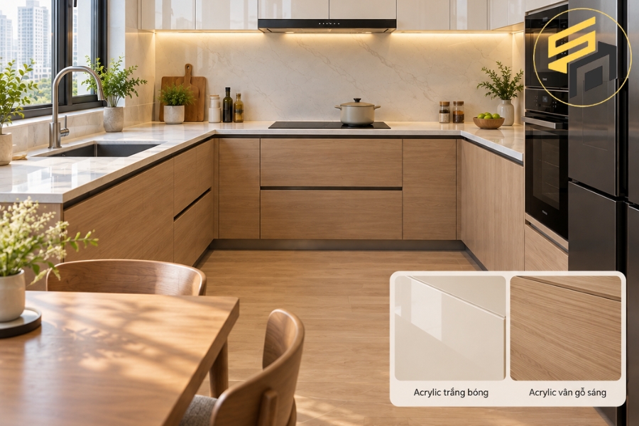 Tủ bếp chữ U Acrylic kết hợp vân gỗ ấm áp, hiện đại