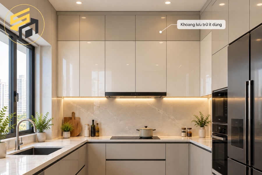 Tủ bếp chữ U Acrylic kịch trần tối ưu không gian lưu trữ