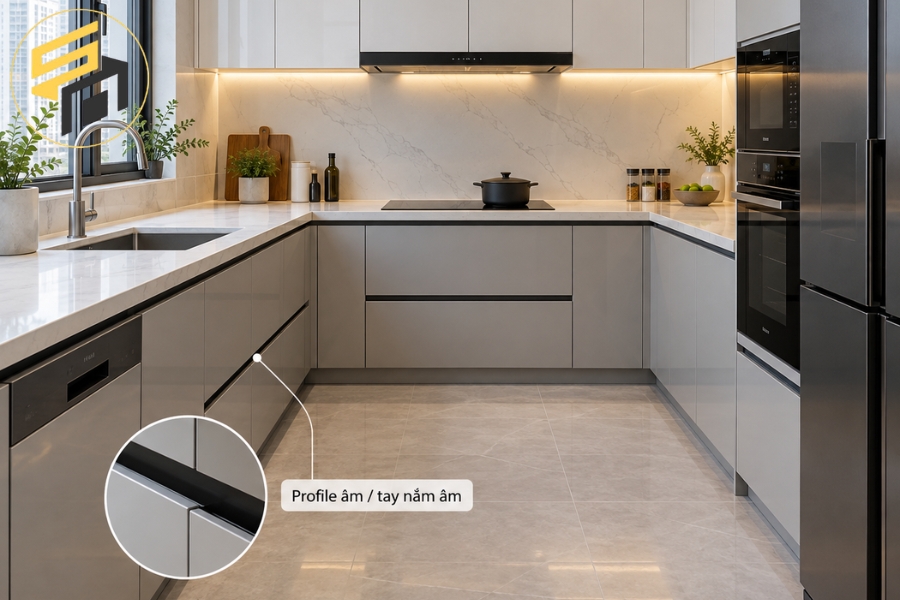 Tủ bếp chữ U Acrylic không tay nắm hiện đại, gọn gàng
