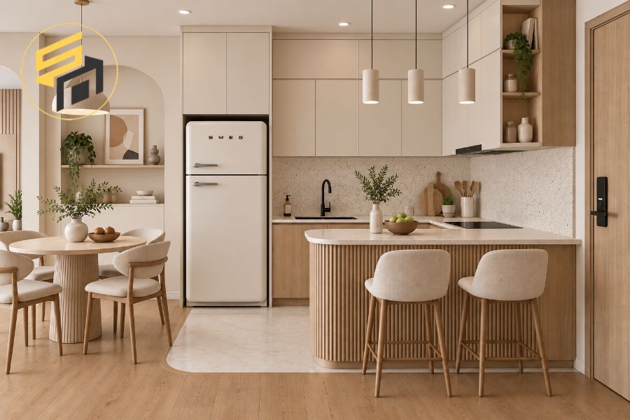 Mẫu tủ bếp chữ U dạng mở tối ưu công năng chung cư nhỏ