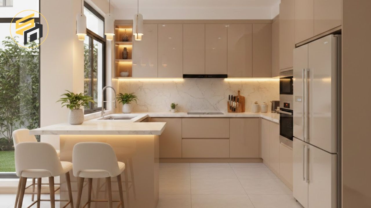 Tủ bếp chữ U Acrylic beige kịch trần thanh lịch