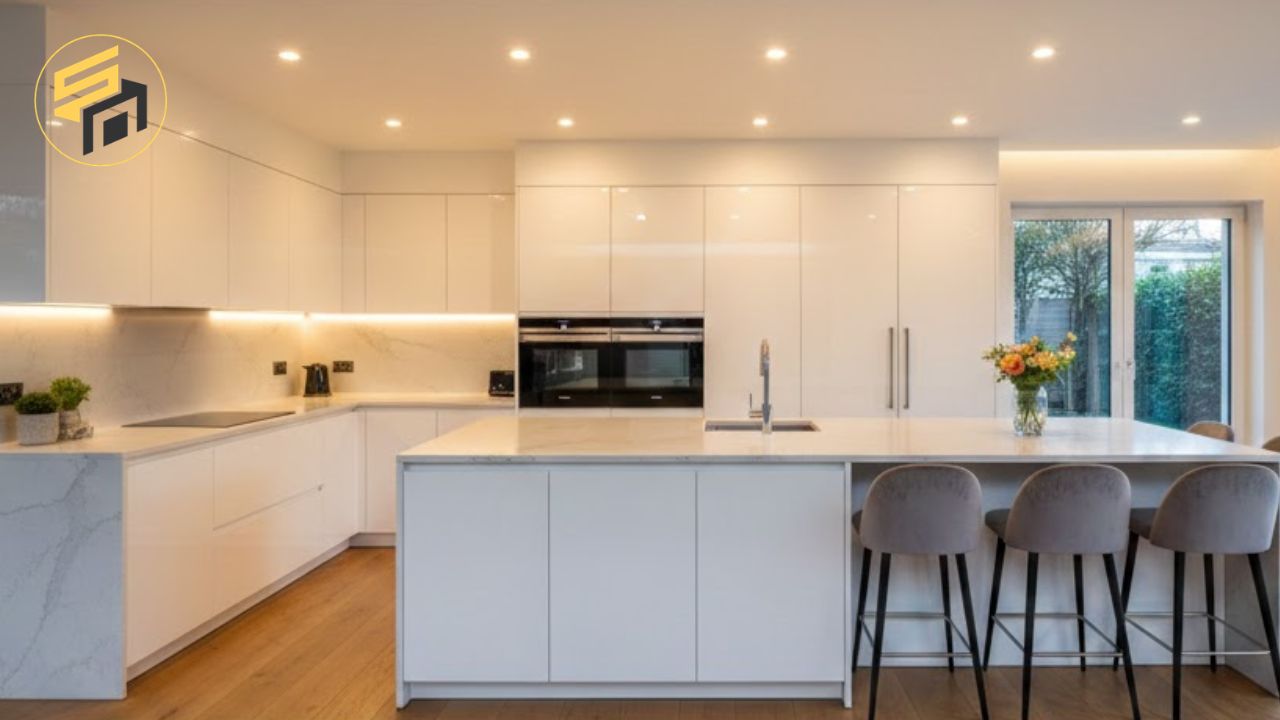 Tủ bếp chữ U Acrylic trắng bàn đảo hiện đại 