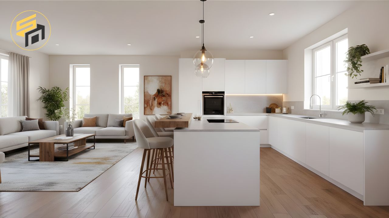 Tủ bếp chữ U Laminate trắng quầy bar