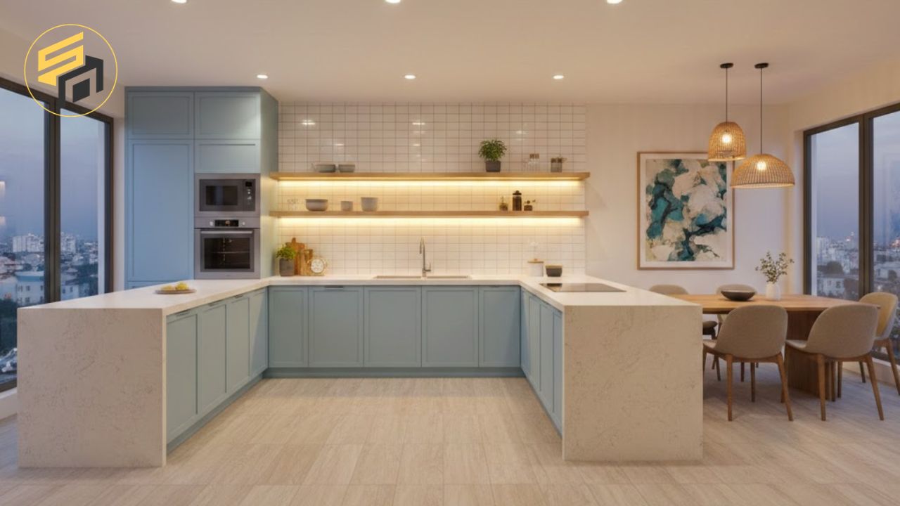 Tủ bếp chữ U Laminate xanh pastel tạo nên cảm giác nhẹ nhàng, thoáng đãng hơn