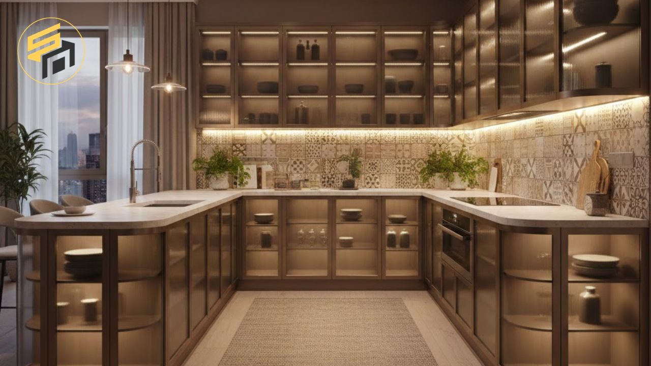 Tủ bếp chữ U nhôm kính cường lực bo góc giúp việc lau chùi trở nên dễ dàng hơn