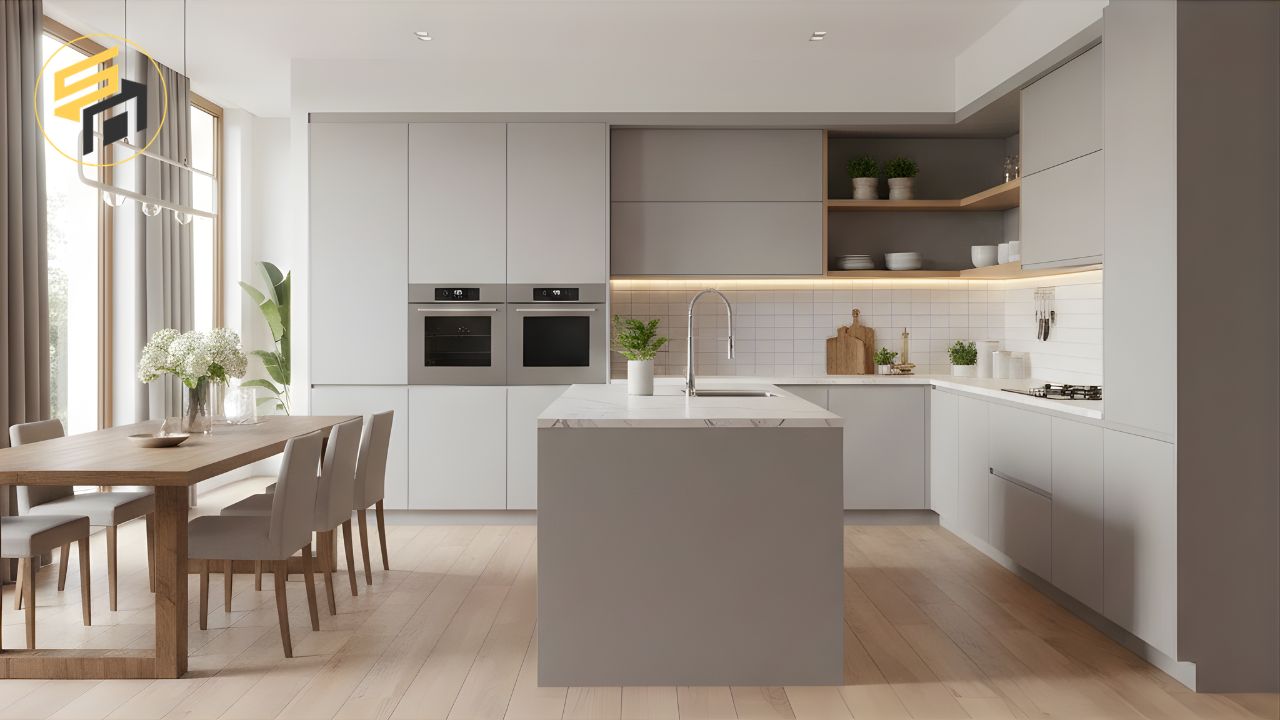 Tủ bếp chữ U Picomat xám nhạt với chất liệu chống nước 100%