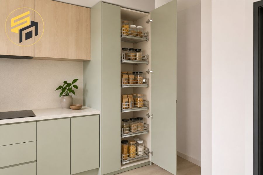 Tủ bếp MDF kết hợp Picomat ở khoang chậu rửa