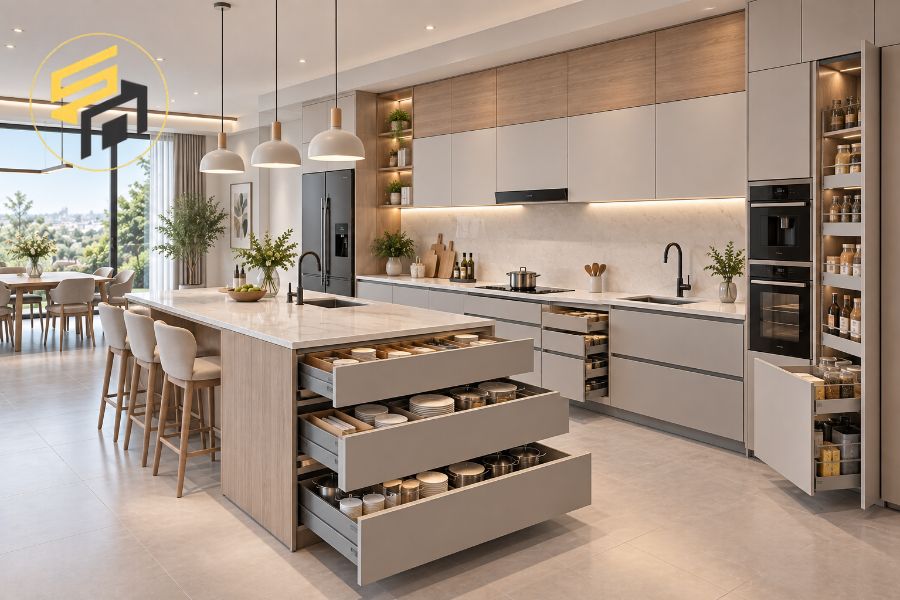 Mẫu tủ bếp ngăn kéo toàn phần tận dụng tối đa khoang chứa