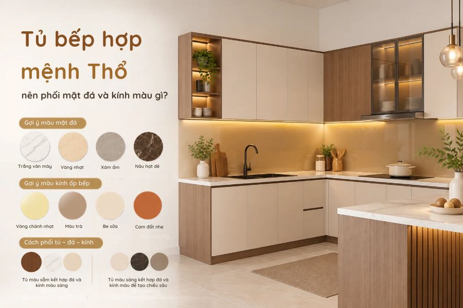 Tủ bếp hợp mệnh Thổ nên phối mặt đá và kính màu gì?