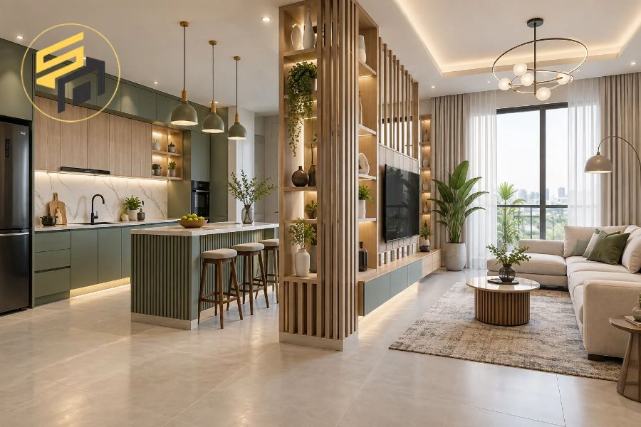 Mẫu tủ bếp kết hợp vách trang trí cho căn hộ