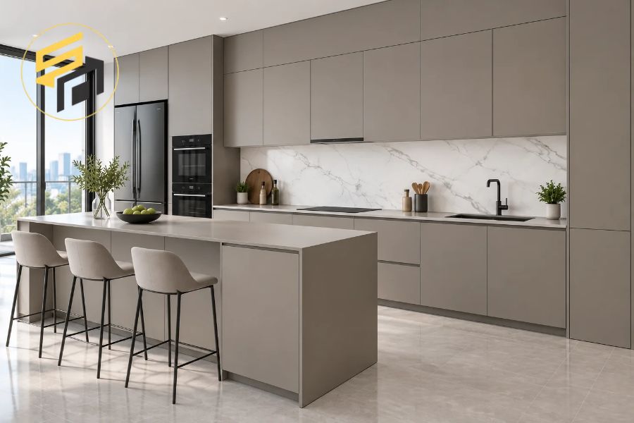 Mẫu tủ bếp không tay nắm hiện đại cho căn hộ nhỏ