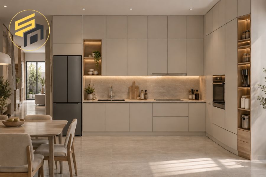 Tủ bếp kịch trần cho nhà phố ngang 3m