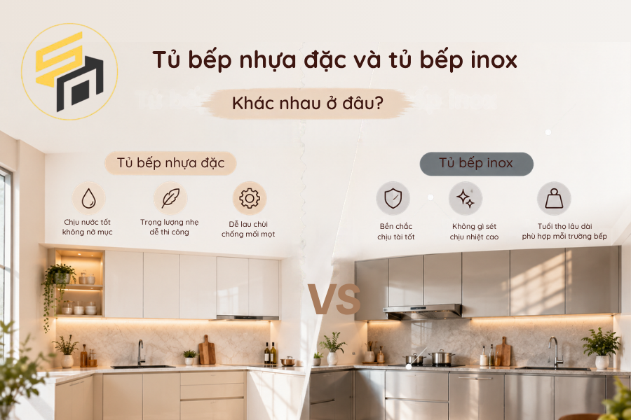 Tủ bếp nhựa đặc và tủ bếp inox khác nhau ở đâu?
