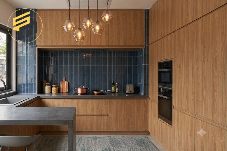 Tủ bếp nhựa vân gỗ trung tính phù hợp với không gian bếp hiện đại