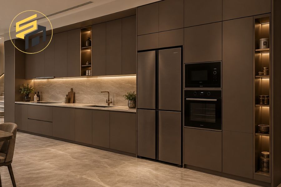 Tủ bếp có hệ tủ thiết bị cho nhà phố ngang 4m
