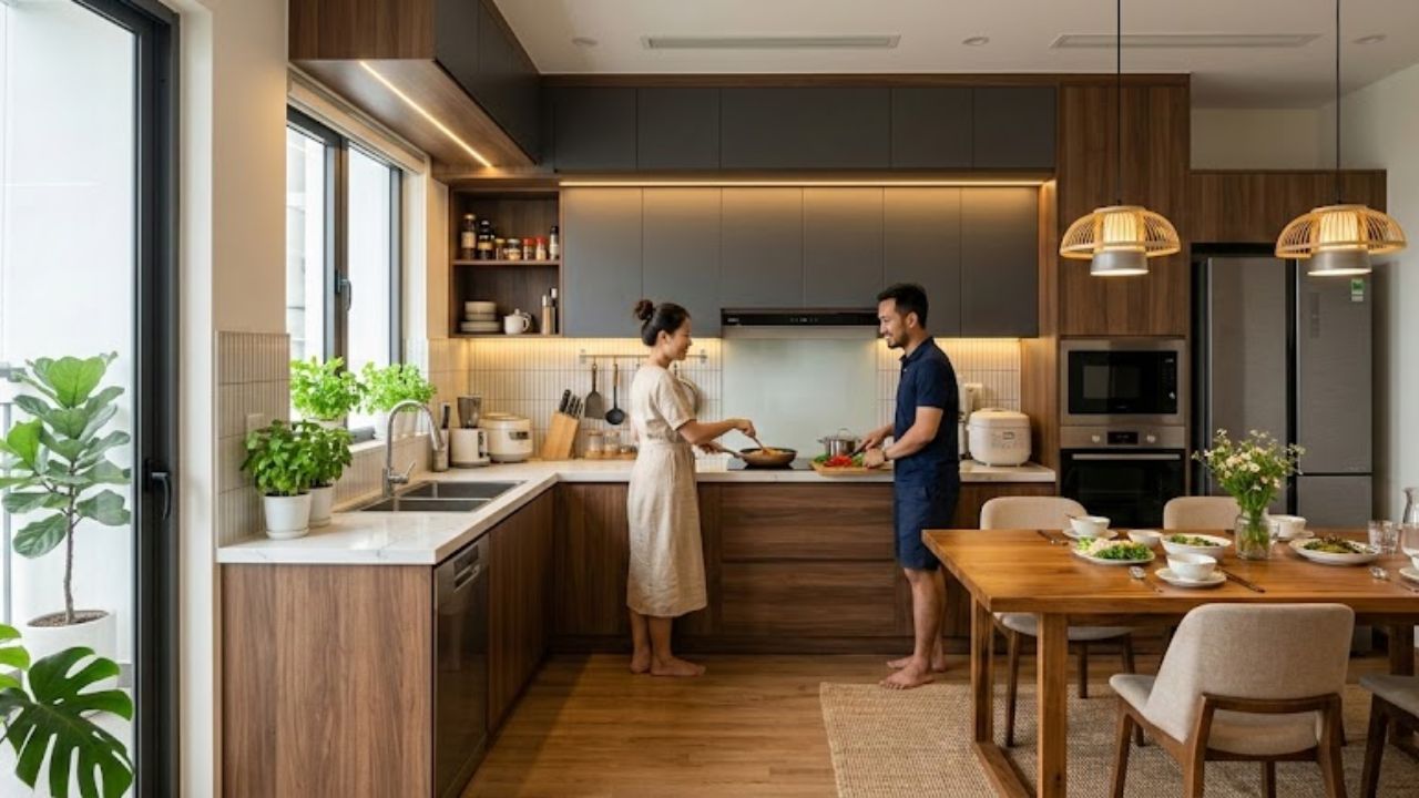 Tủ bếp chữ L kịch trần hiện đại