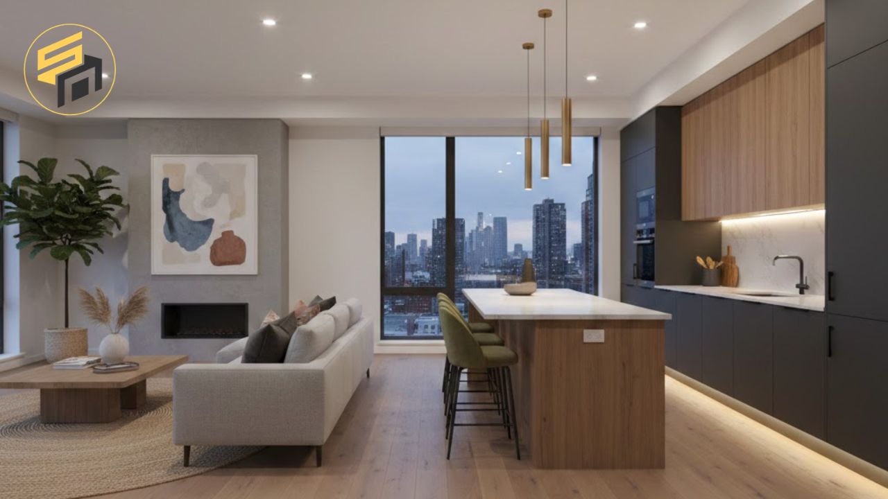 Tủ bếp mở liên thông phòng khách