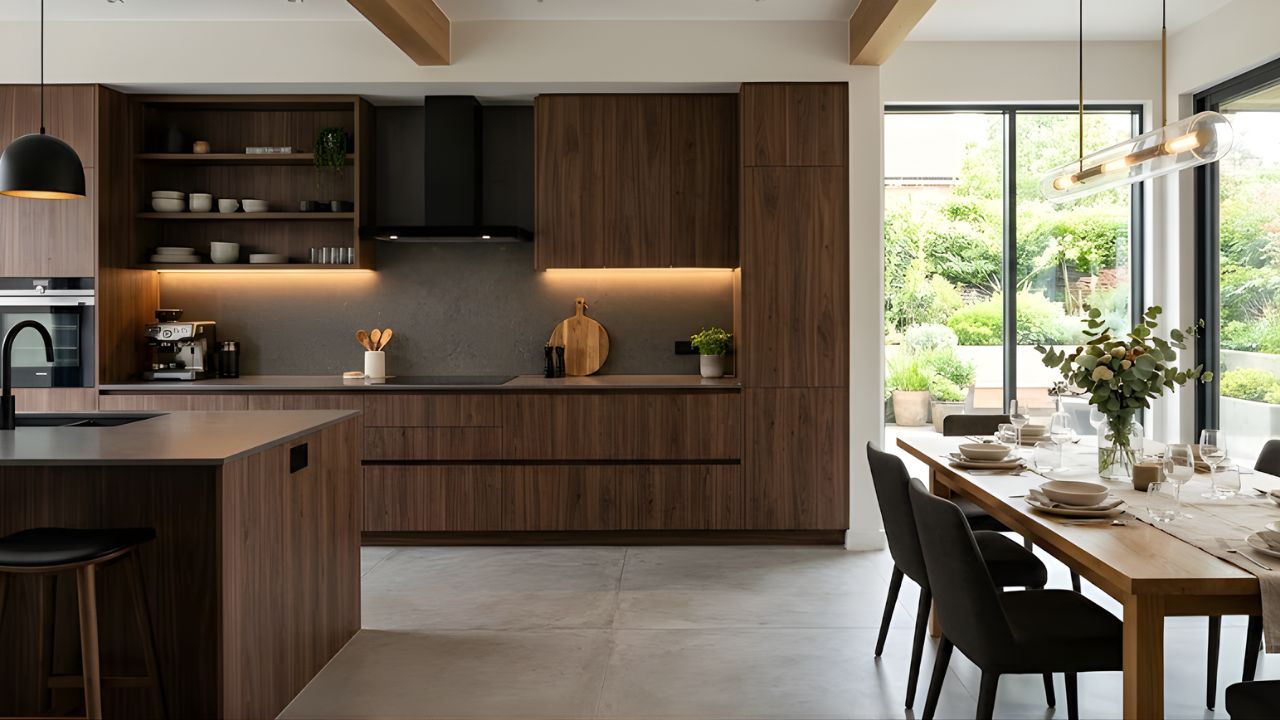 Tủ bếp vân gỗ tự nhiên tối màu