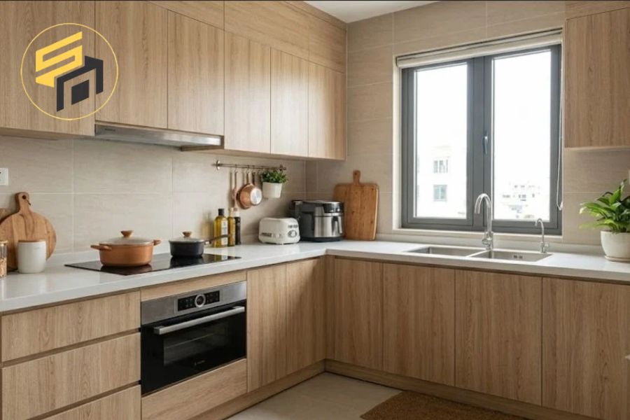 Tủ bếp nhựa đặc vân gỗ có độ chân thực cao nhưng không giống gỗ thật