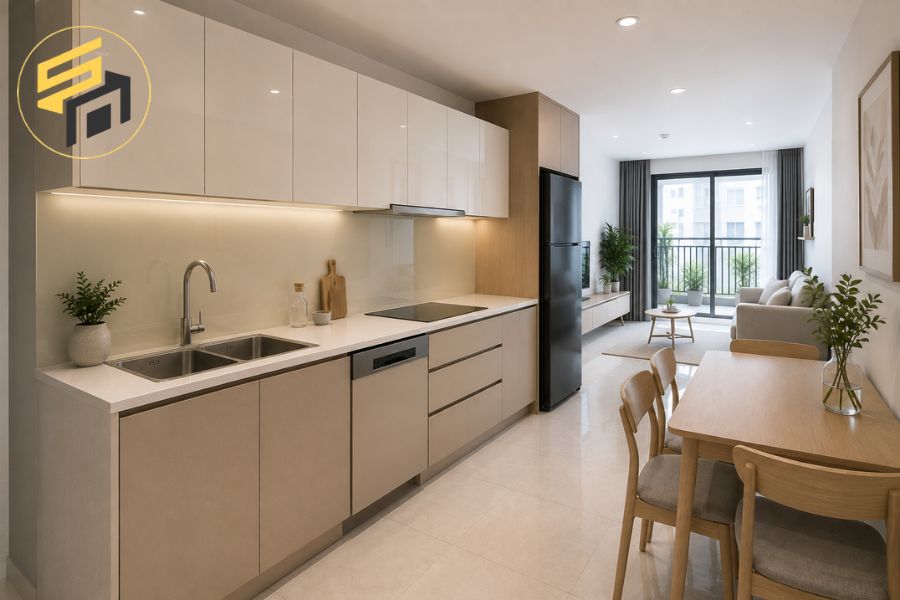 Tủ bếp nhựa Picomat phủ sơn ánh kim hiện đại có chiều dài 4 mét