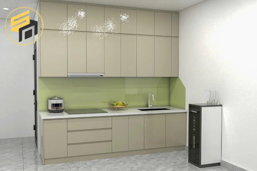 Dự Án Thiết Kế Tủ Bếp Chữ I Xám Kem cho anh Thoại Quận 12