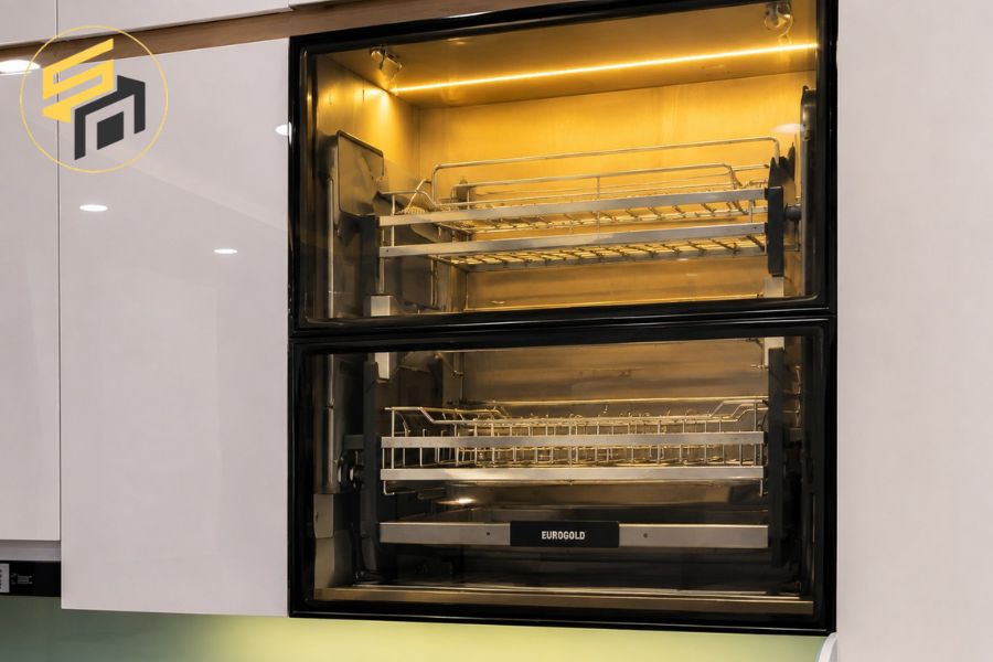 Dự Án Tủ Bếp Chữ I Acrylic Trắng Bóng Kính Ốp Màu Xanh Ngọ