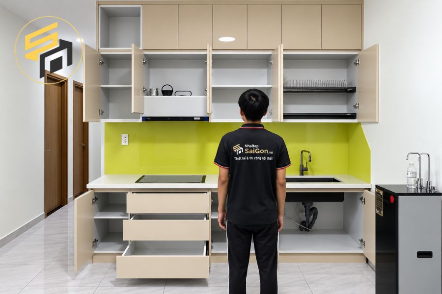Dự Án Tủ Bếp Chữ I Nhựa PVC Đẹp Chung Cư Tham Lương Q12 