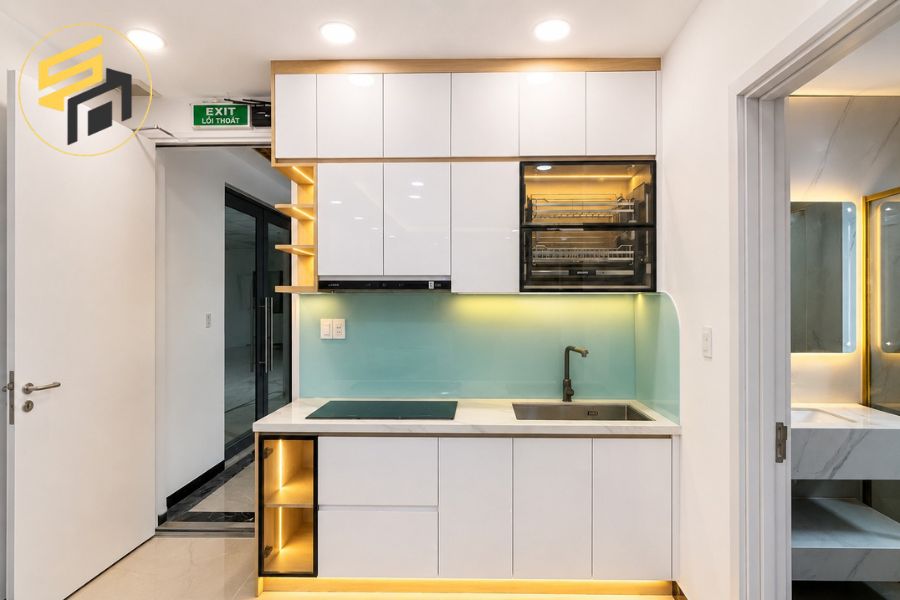 Dự Án Tủ Bếp Chữ I Acrylic Trắng Bóng Kính Ốp Màu Xanh Ngọ