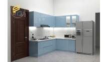 Mẫu nội thất nhà phố gỗ nâu kết hợp tủ bếp xanh pastel